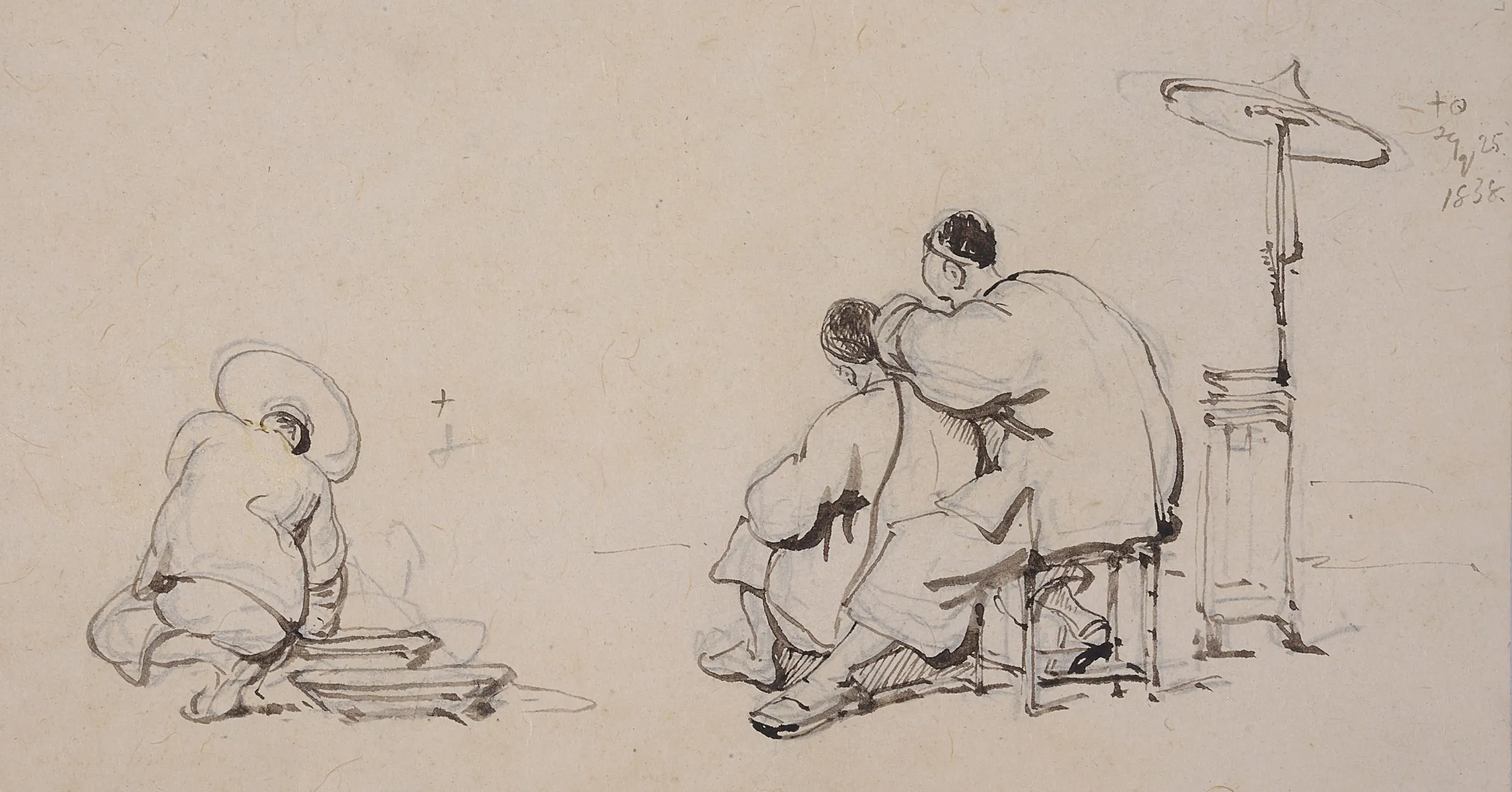 Pen and ink study by George Chinnery: a barber cleaning a seated man’s ears beside a parasol stand, with a crouching figure to the left